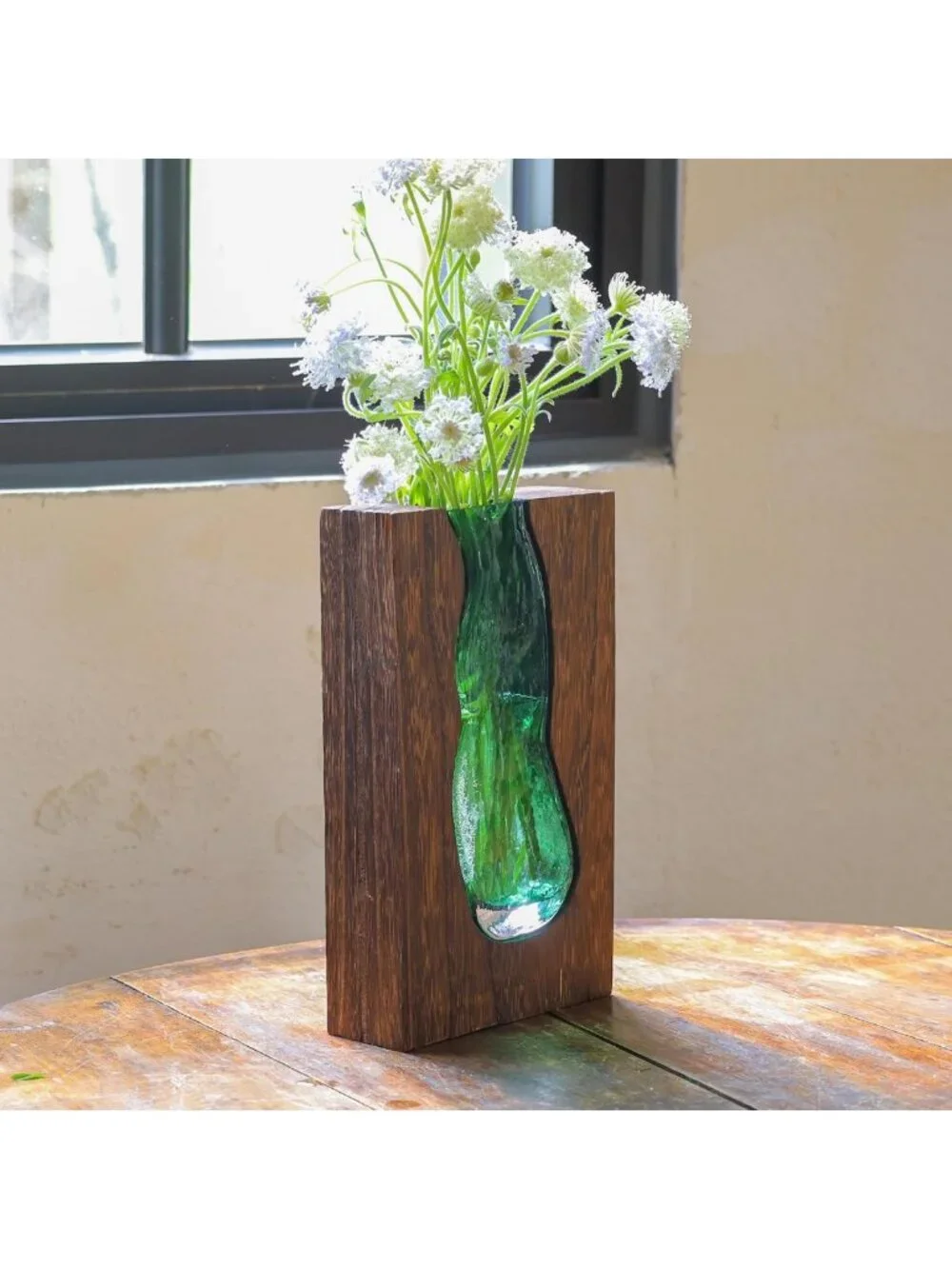 Rustic Wooden and Glass Inlay Flower Vase - Farmhouse Home Decor Centerpiece